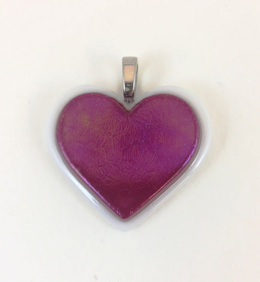 Dark Irridescent Pink Heart on Heart Fused Glass Pendant with Necklace