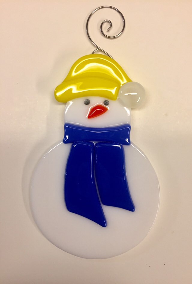 Blue and Gold Snowman Fused Glass Sun Catcher