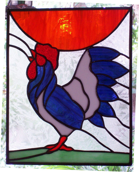 Blue Rooster Stained Glass window Panel