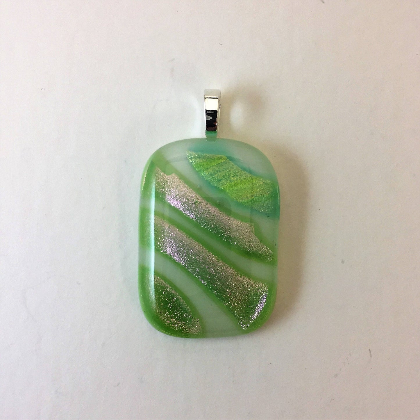 Diagonal Dichroic Pink on Green Fused Glass Pendant