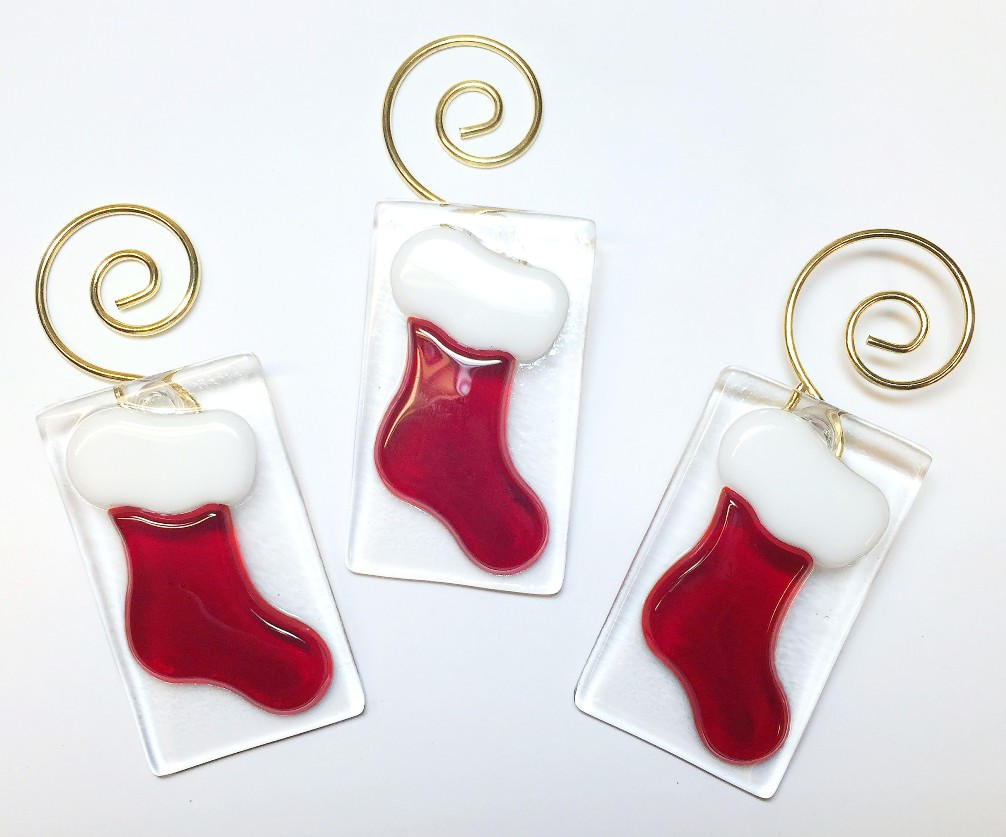 Mini Christmas Stockings Fused Glass Ornaments Set of 3