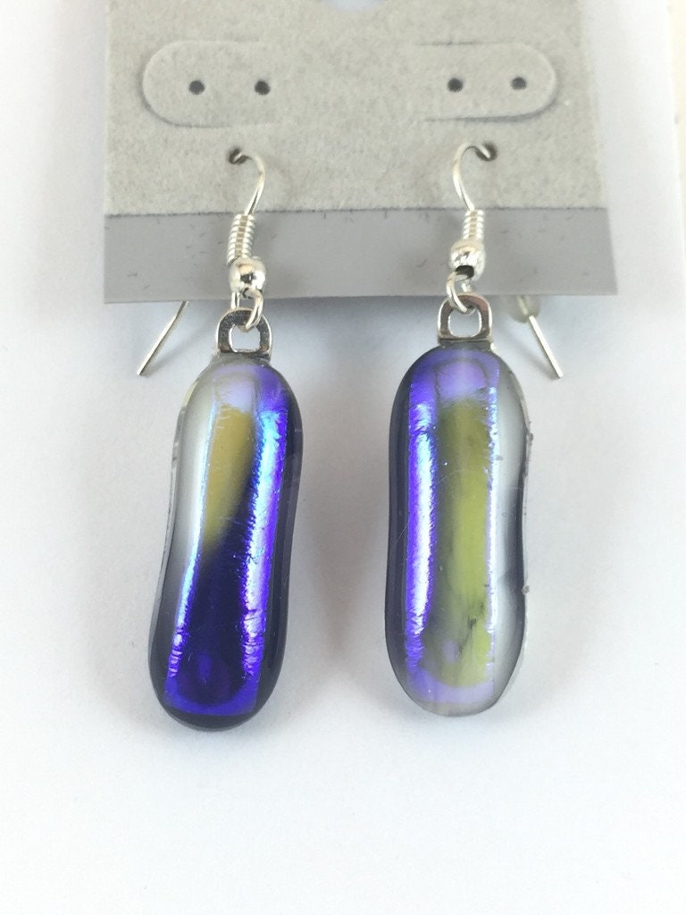 Dangle Earrings White and Purple Mist on Olive Green Fused Dichroic Glass