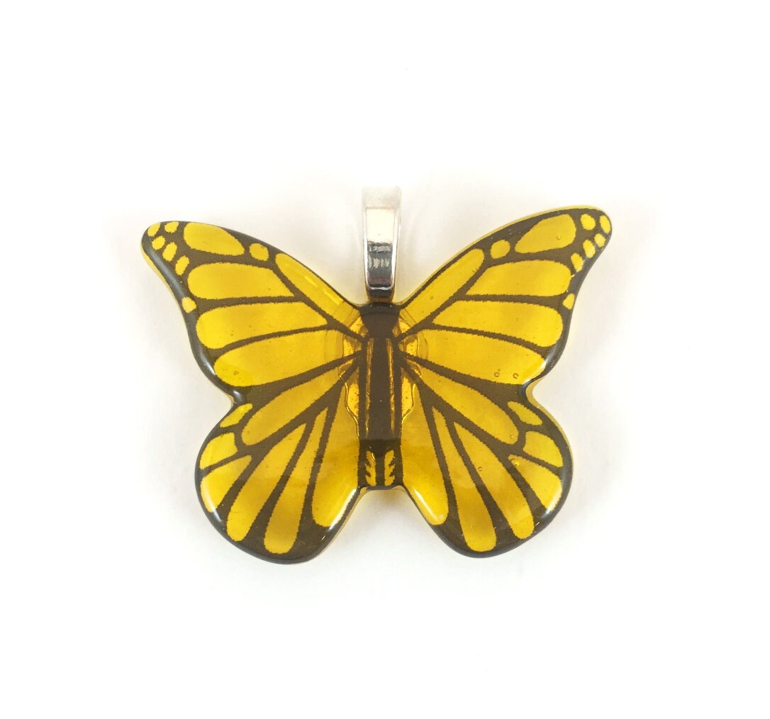 Yellow Butterfly Fused Glass Pendant with Necklace