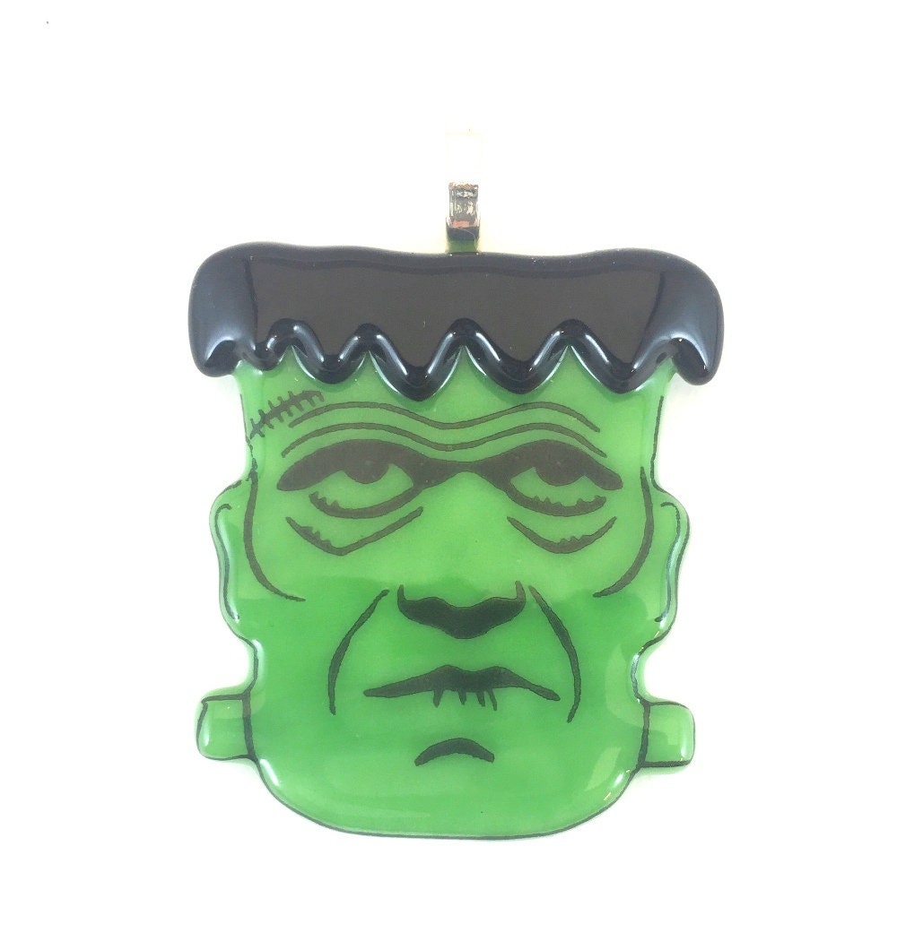 Frankenstein Fused Glass Pendant with Necklace