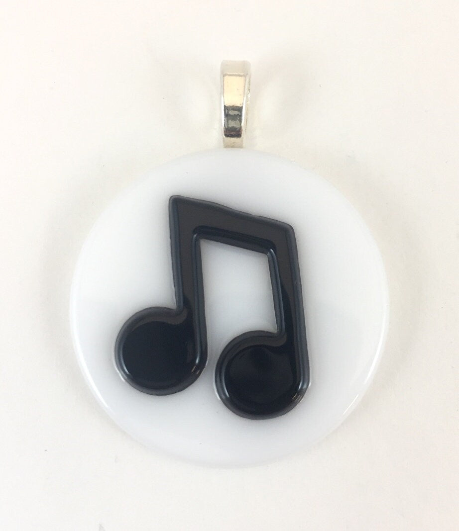 Music Barred Eight Notes Black on White Fused Glass Pendant with Necklace