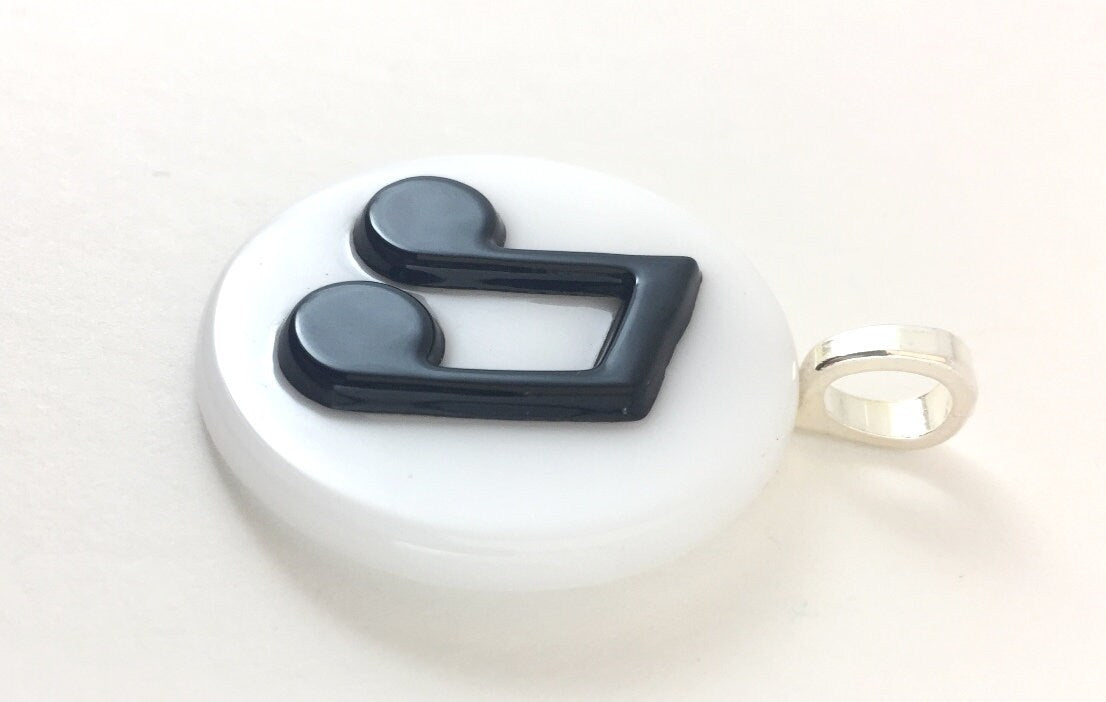 Music Barred Eight Notes Black on White Fused Glass Pendant with Necklace
