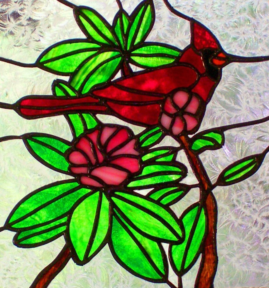 Cardinal and Rhododendron Stained Glass Panel