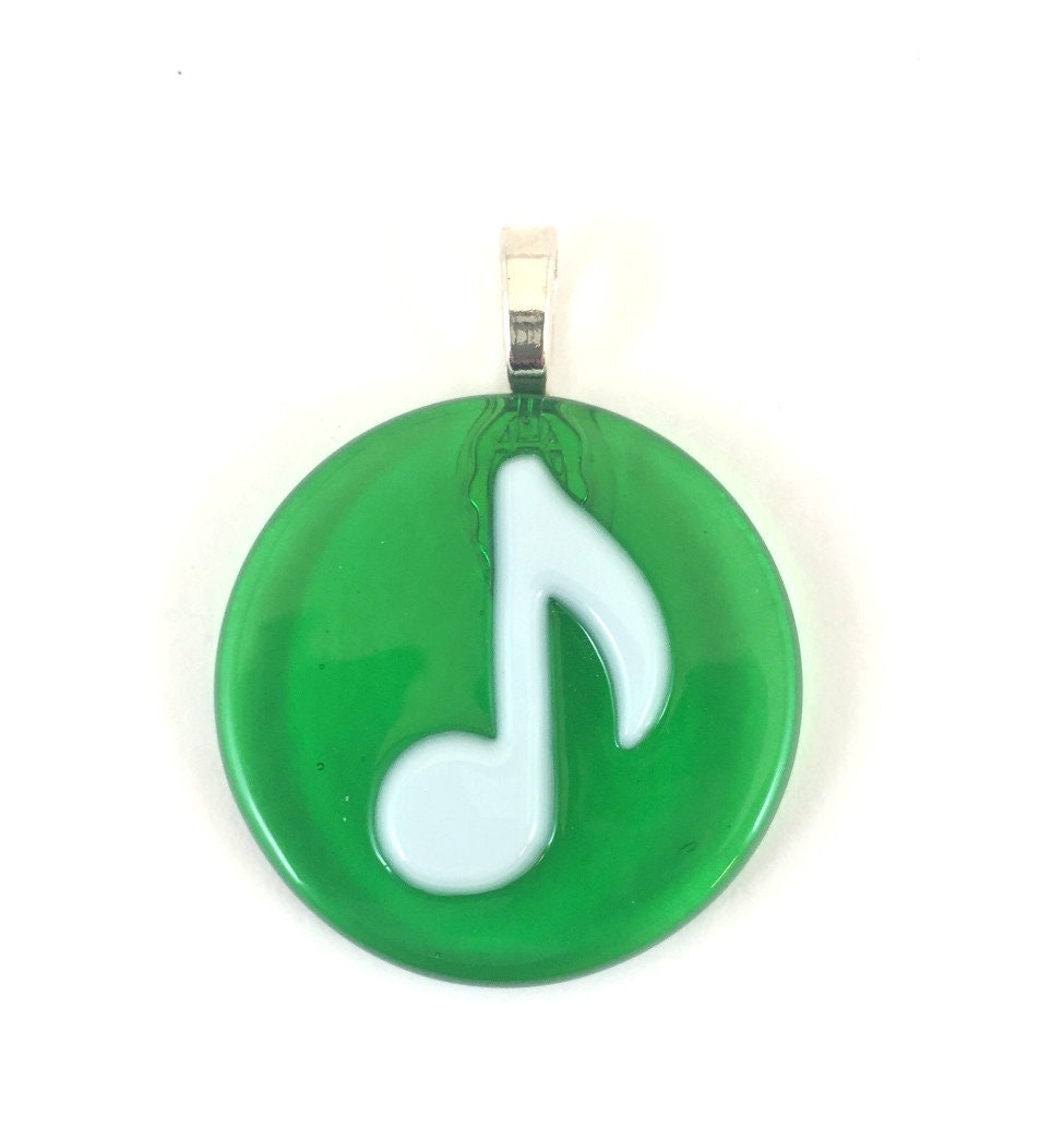 Music Eight Note White on Green Fused Glass Pendant with Necklace