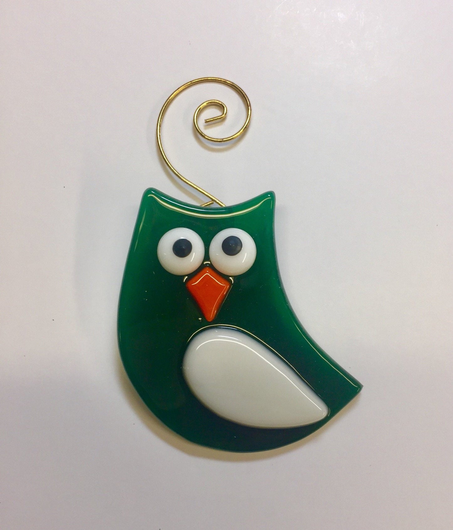 Owl Green & White Fused Glass Ornament