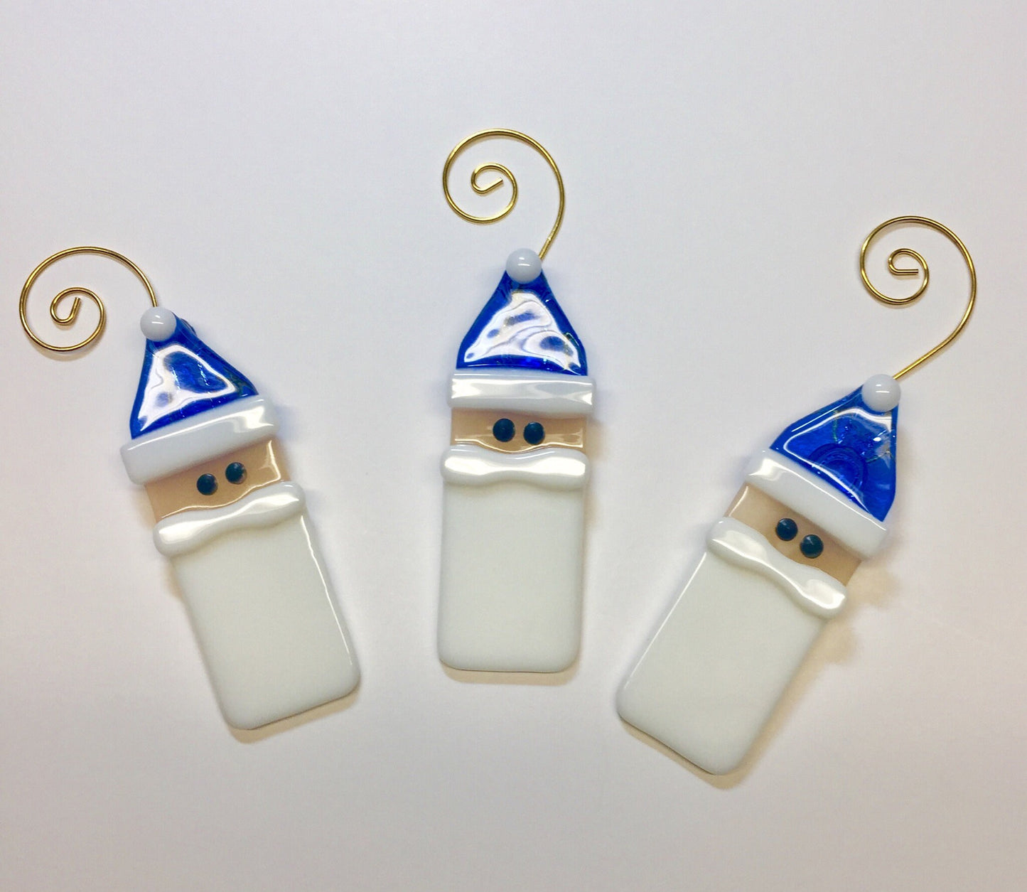 Blue Hat Santa Fused Glass Ornaments Set of 3