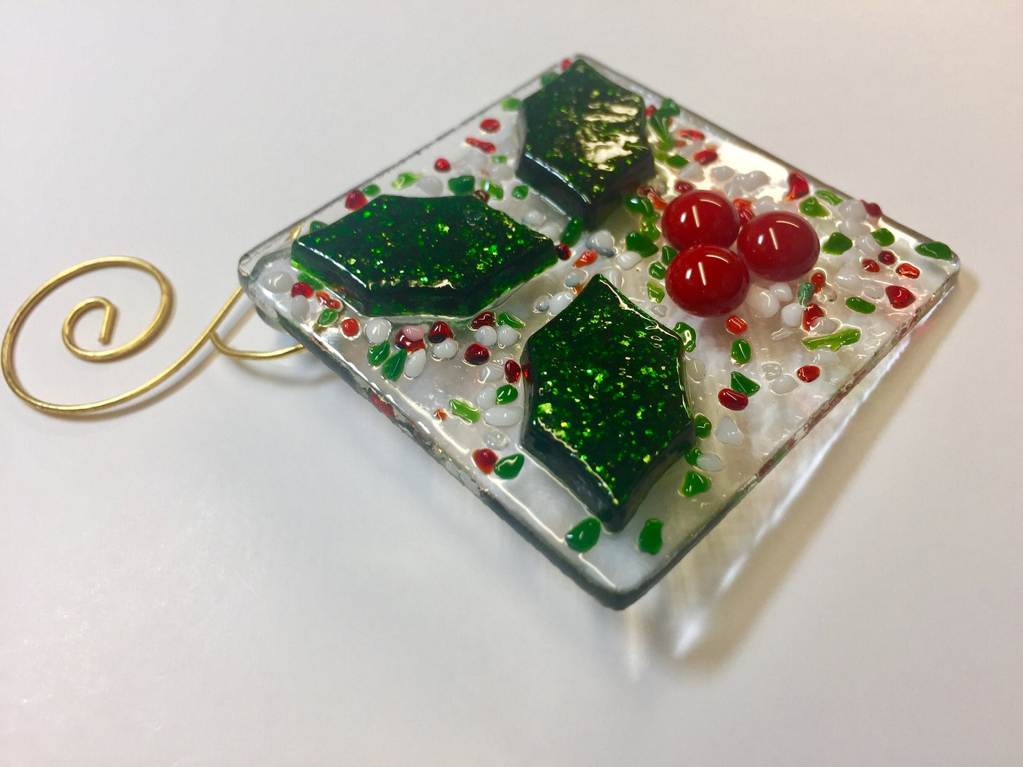 Holly & Berries Fused Glass Christmas Colors Ornament