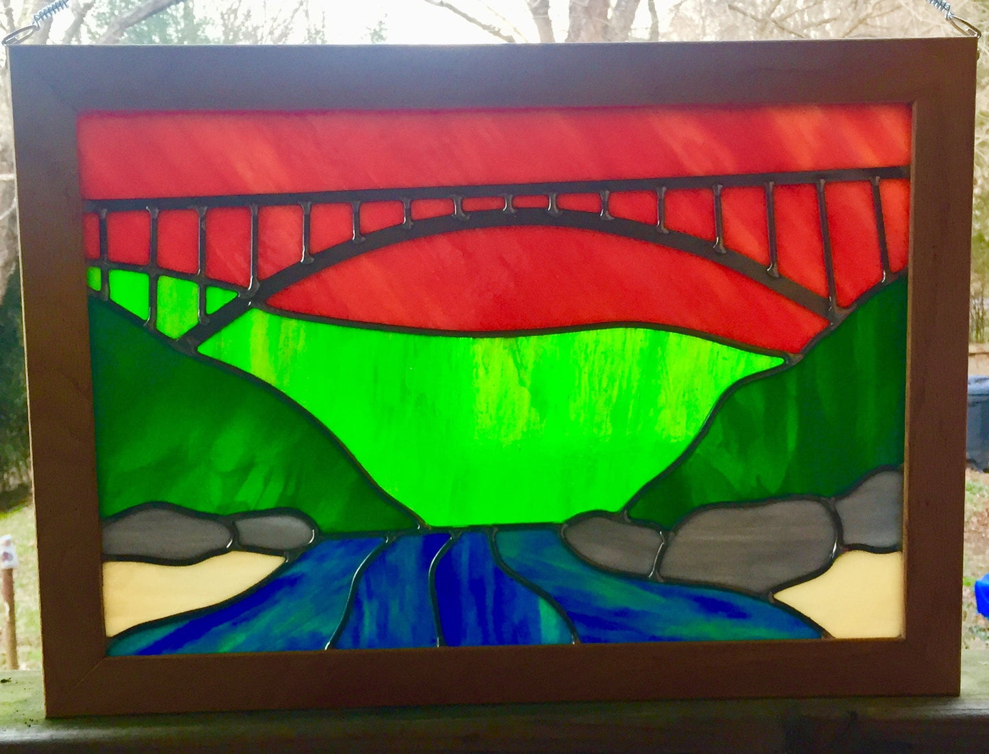 New River Gorge Bridge Sunset Sky Stained Glass Panel Framed