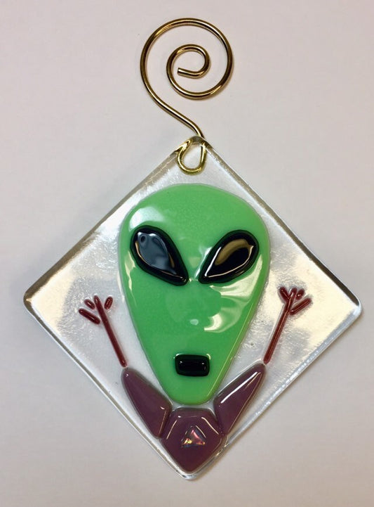 Alien in a Tshirt fused glass sun catcher ornament