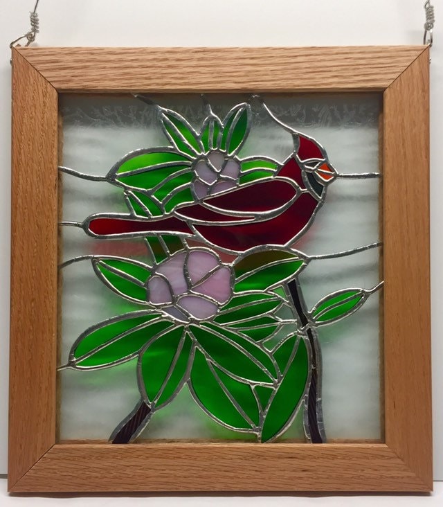 Cardinal and Rhododendron Stained Glass Panel