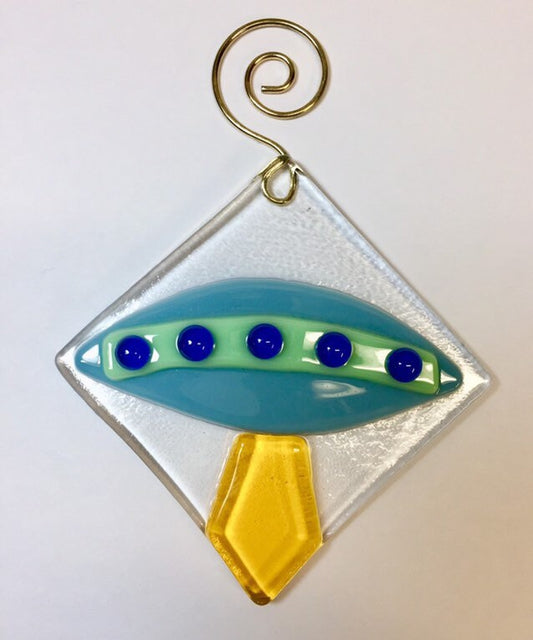 UFO Blue fused glass sun catcher ornament