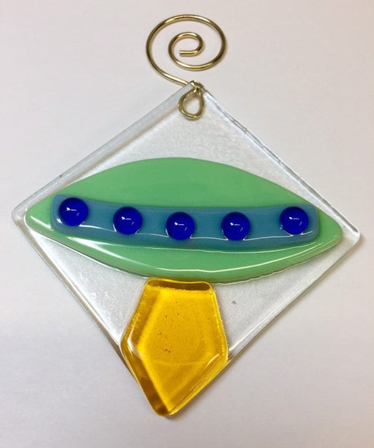 UFO Green fused glass sun catcher ornament