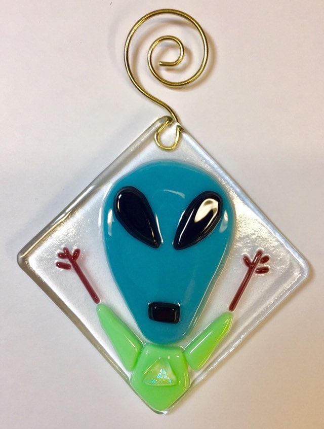 Alien in a Tshirt fused glass sun catcher ornament