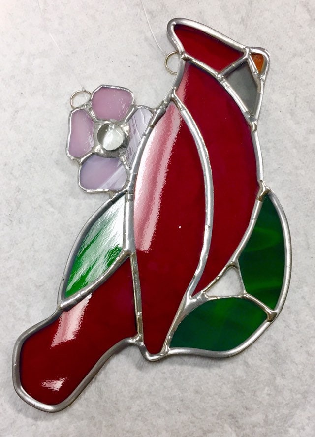 Cardinal with Rhododendron Stained Glass Sun Catcher