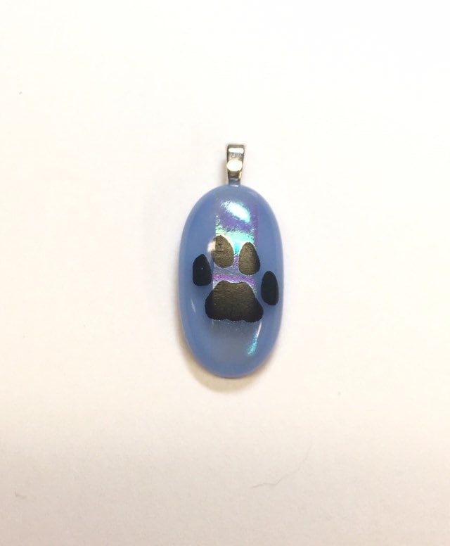 Paw Print on Rainbow Dichroic and Light Blue Fused Glass Pendant with Necklace