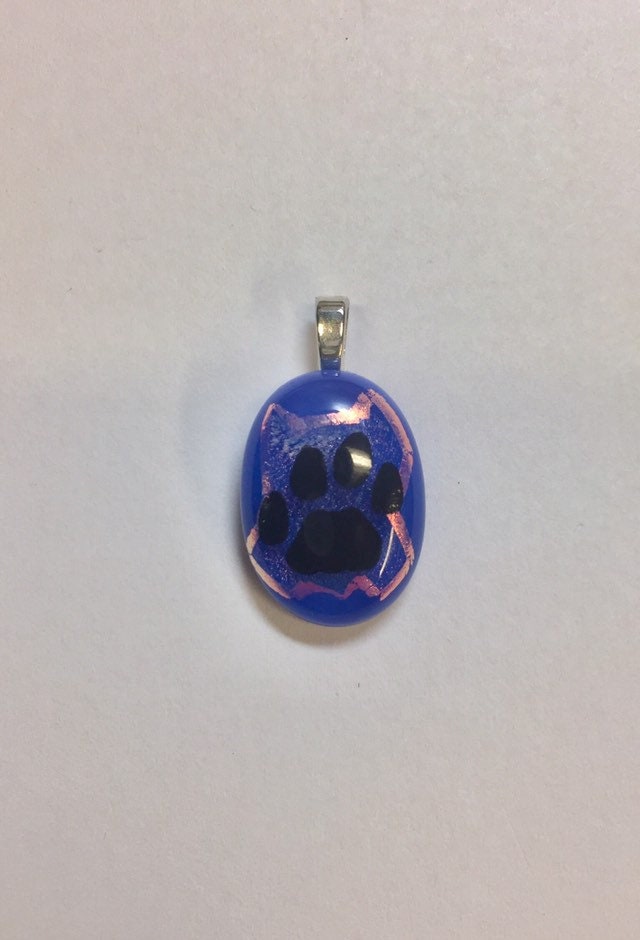 Paw Print on Pink Dichroic and Dark Blue Fused Glass Pendant with Necklace