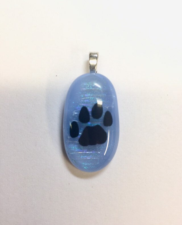 Paw Print on Crystal Dichroic and Light Blue Fused Glass Pendant with Necklace