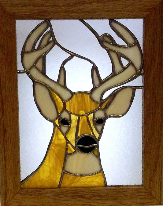 Whitetail Buck Deer Stained Glass Panel Framed
