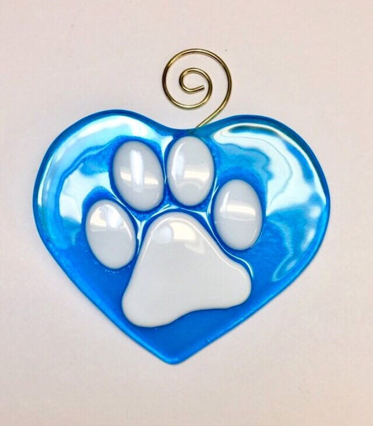 Turquoise Paw Heart Fused Glass Sun Catcher Blue Heart & White Paws