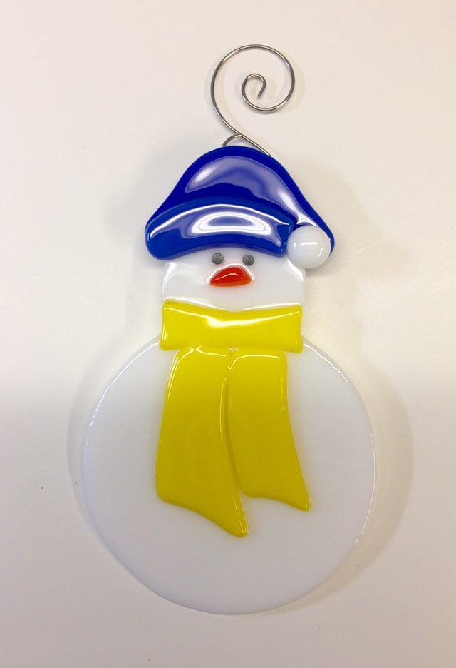 Blue and Gold Snowman Fused Glass Sun Catcher