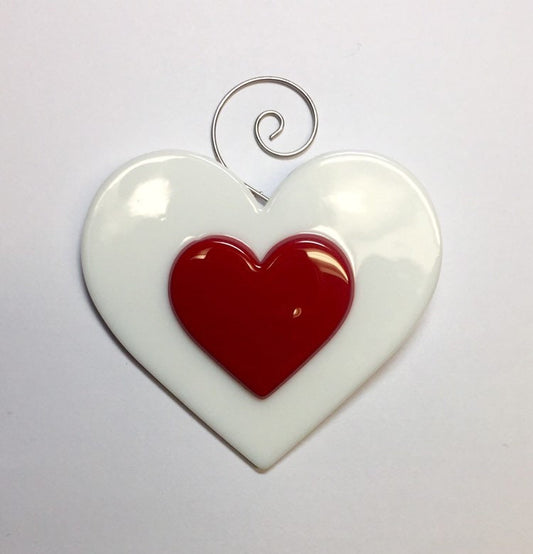 Valentine’s Red and white Heart Fused Glass Sun Catcher