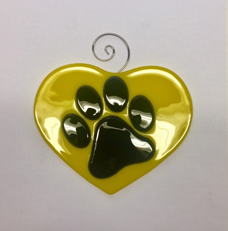 Yellow Paw Heart Fused Glass Sun Catcher Bright Yellow Heart & Black Paws