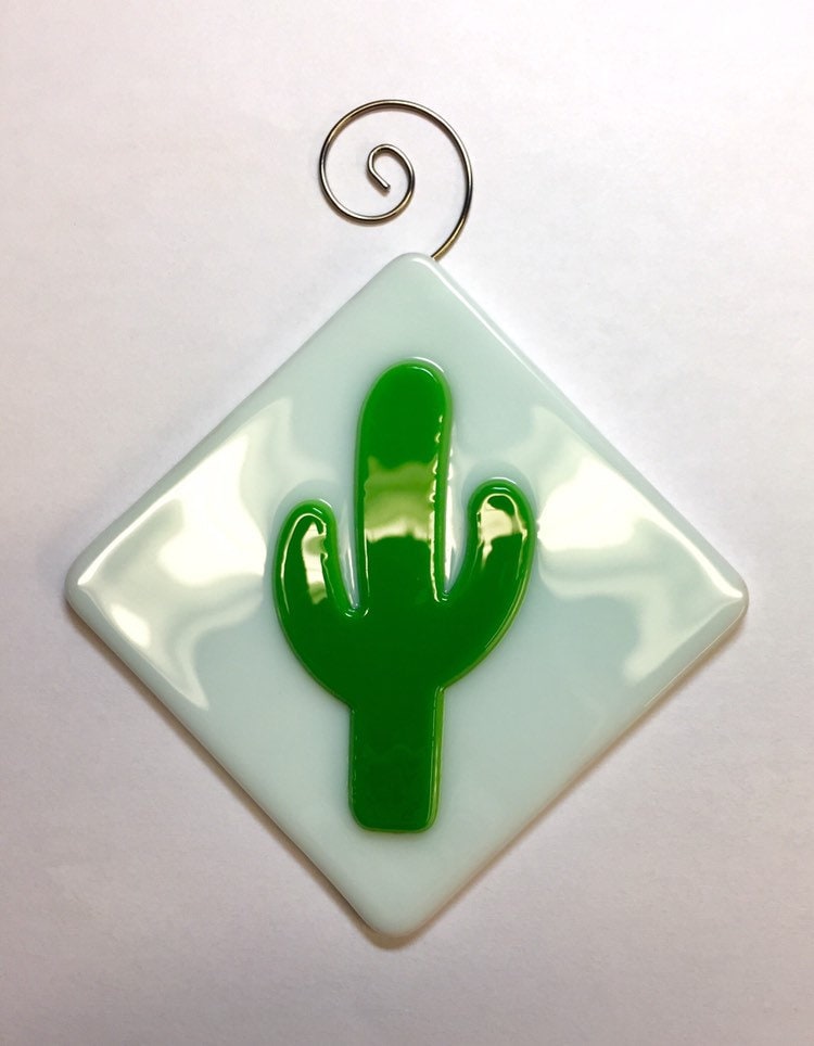 Green Cactus Fused Glass Sun Catcher - White Background & Green Cactus