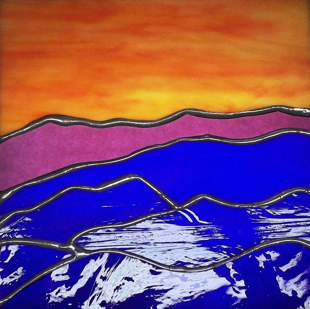 Mountain Tops at Sunset Stained Glass Panel