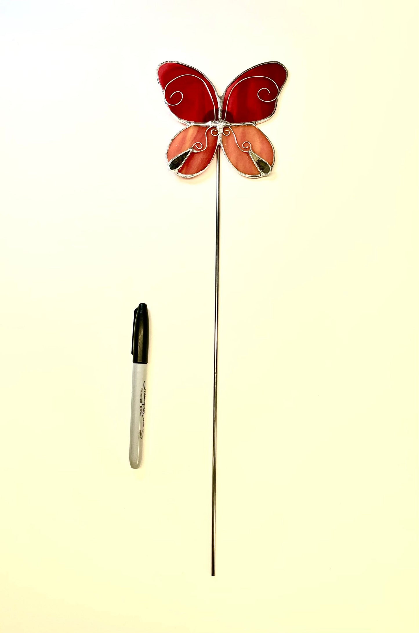 Orange and Red Butterfly Stained Glass Garden Art Stake