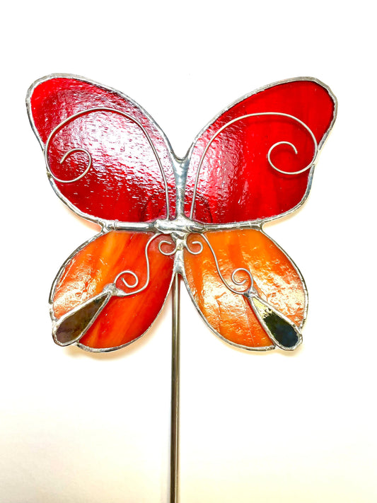 Orange and Red Butterfly Stained Glass Garden Art Stake