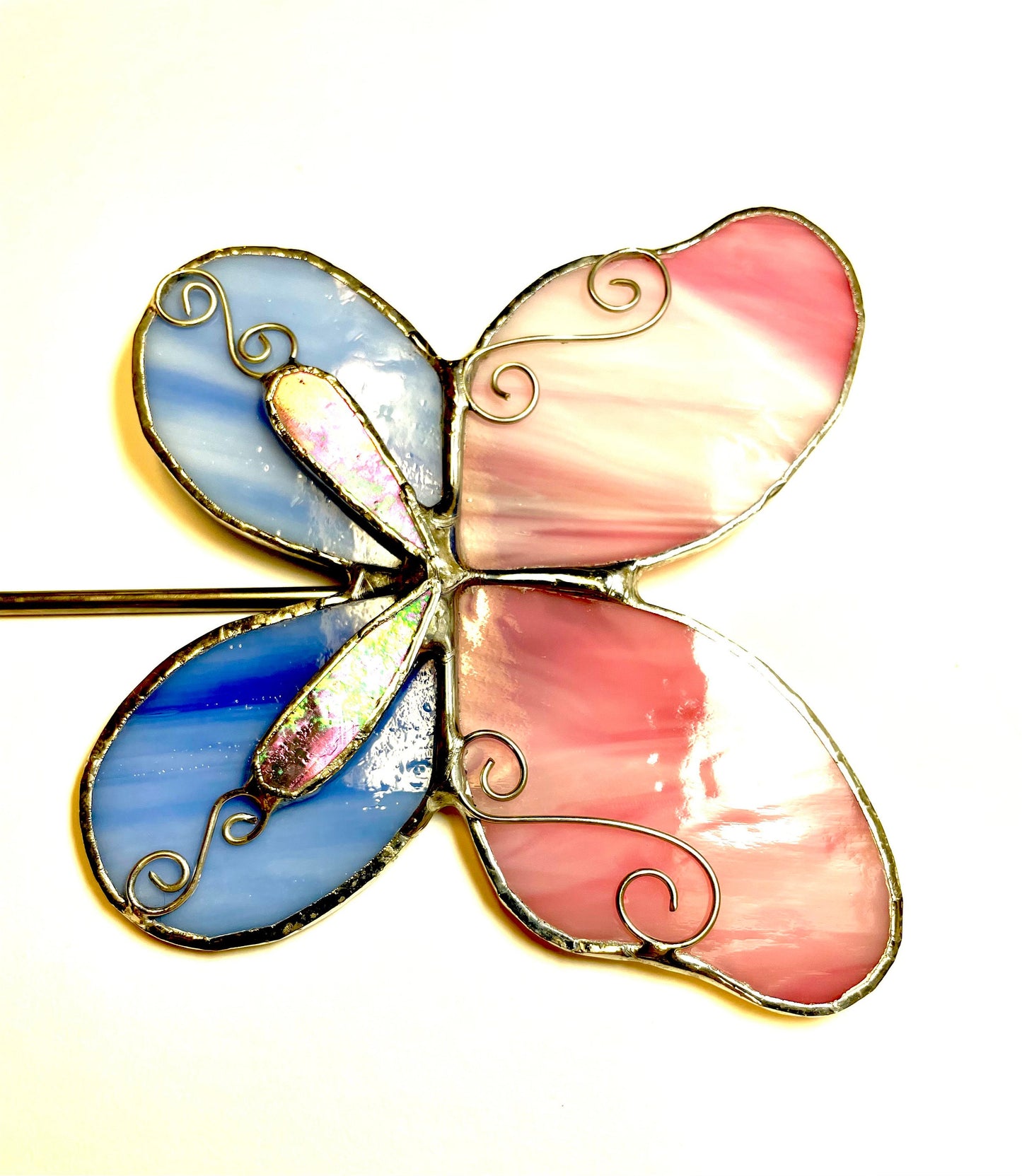 Pink and Blue Butterfly Stained Glass Garden Art Stake
