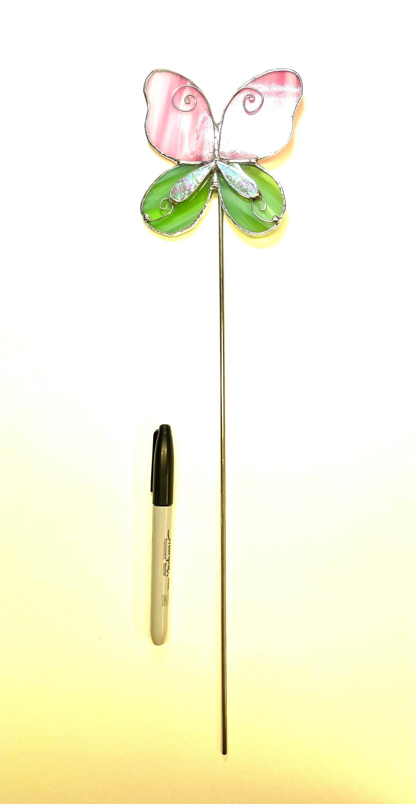 Pink and Green Butterfly Stained Glass Garden Art Stake