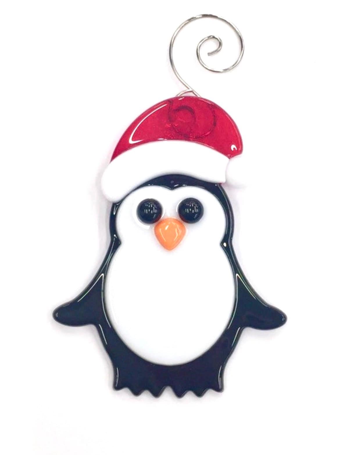 Penguin with Santa Hat Fused Glass Ornament