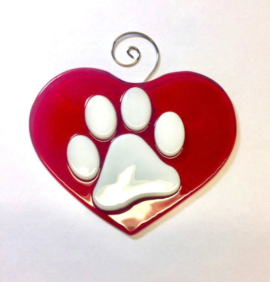 Pet Paw Print Fused Glass Sun Catcher Red and White