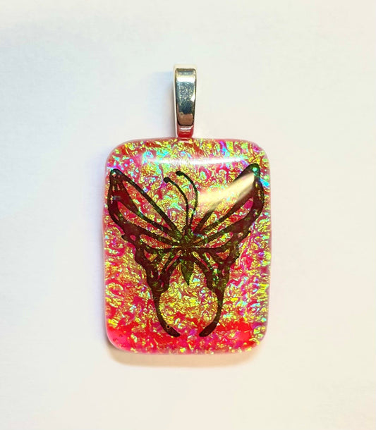 Butterfly on Orange Dichroic. Fused Glass Pendant with Necklace