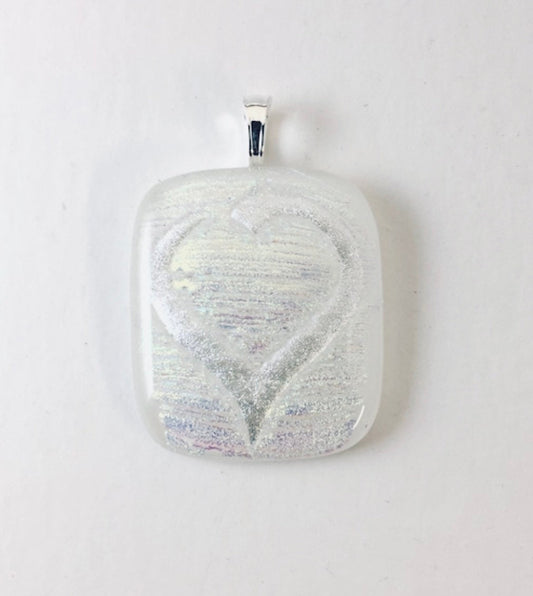 Silver Heart on White Dichroic Glass Pendant