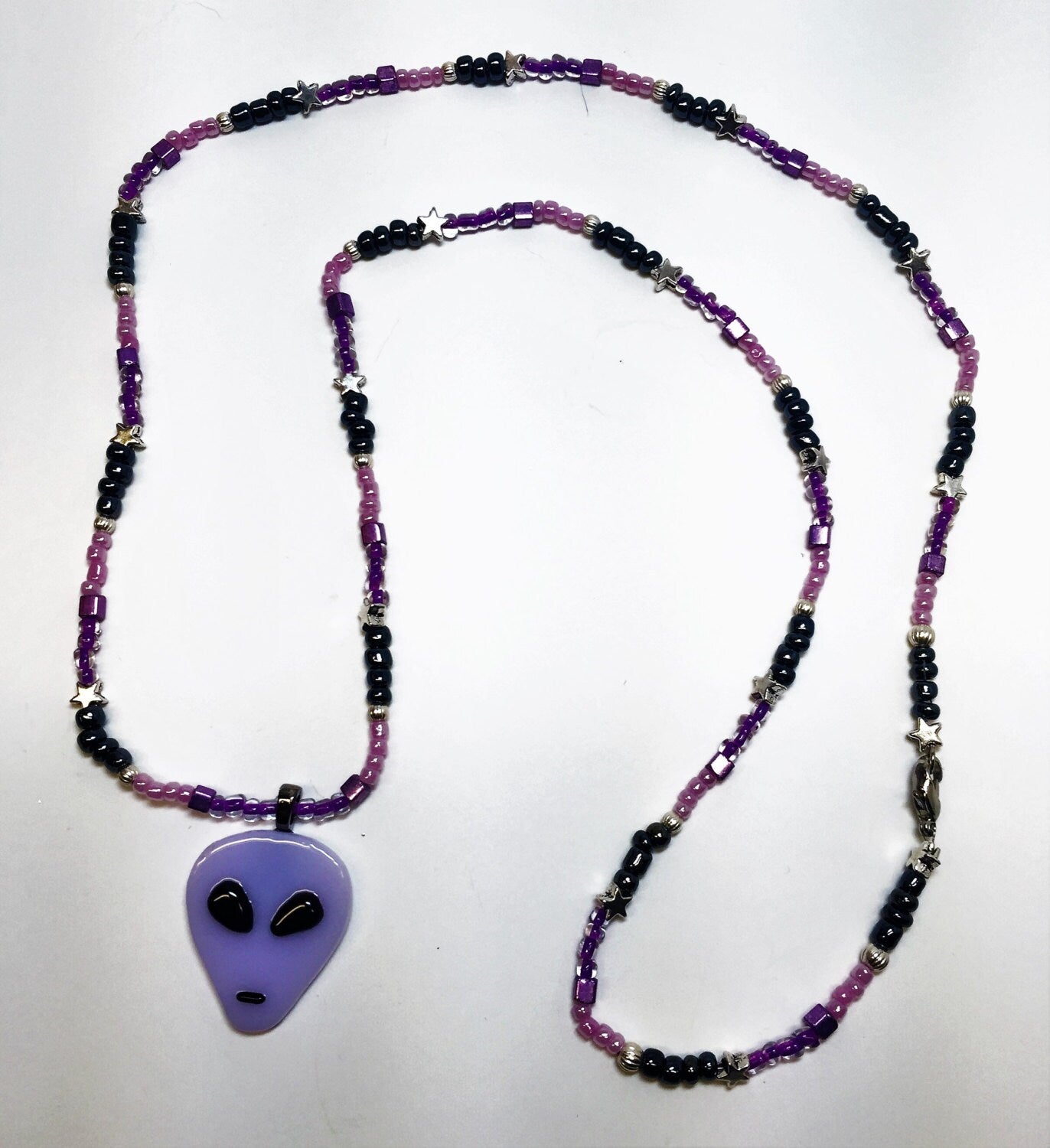 Purple Alien Fused Glass Pendant with beaded necklace