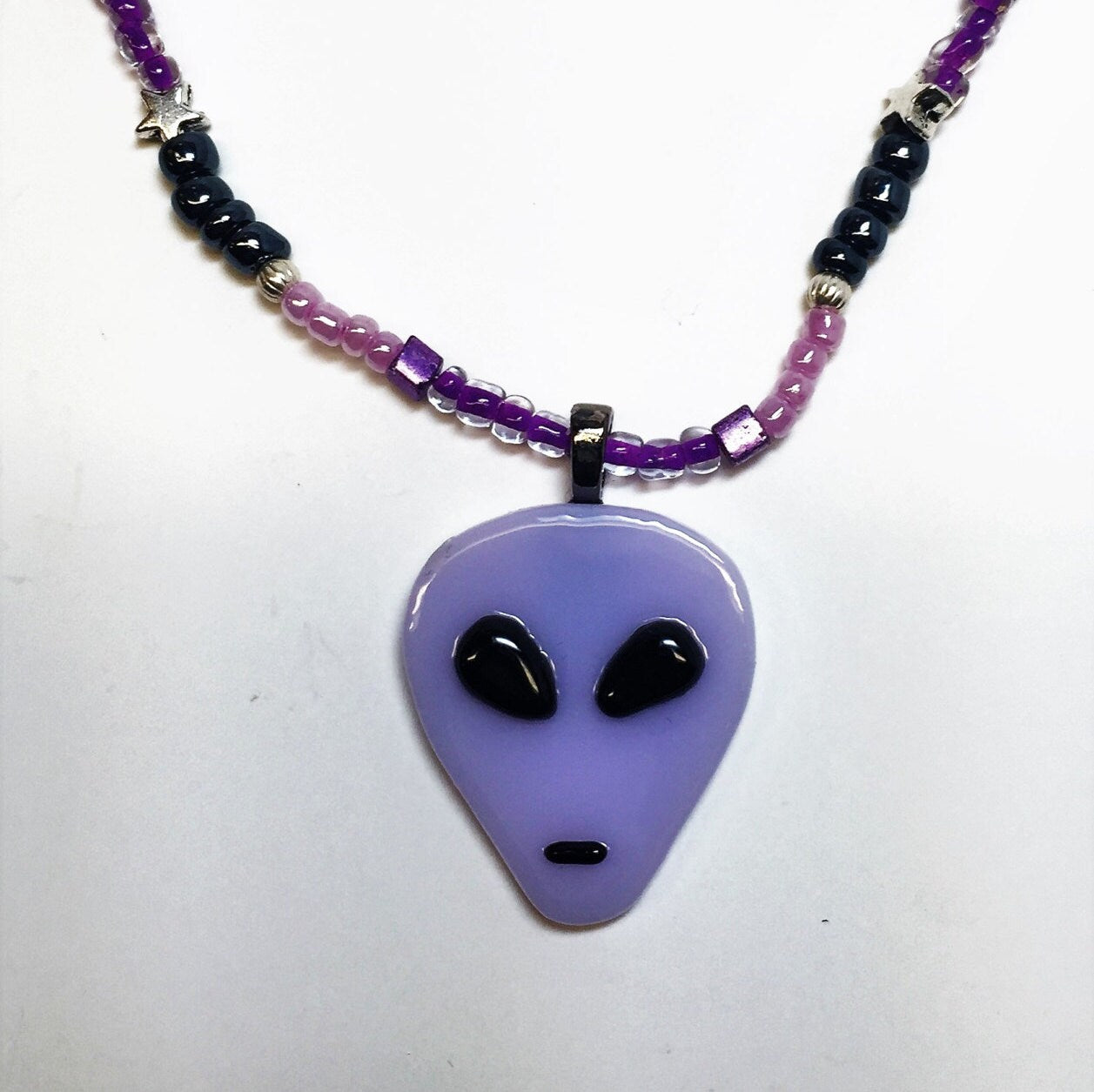 Purple Alien Fused Glass Pendant with beaded necklace
